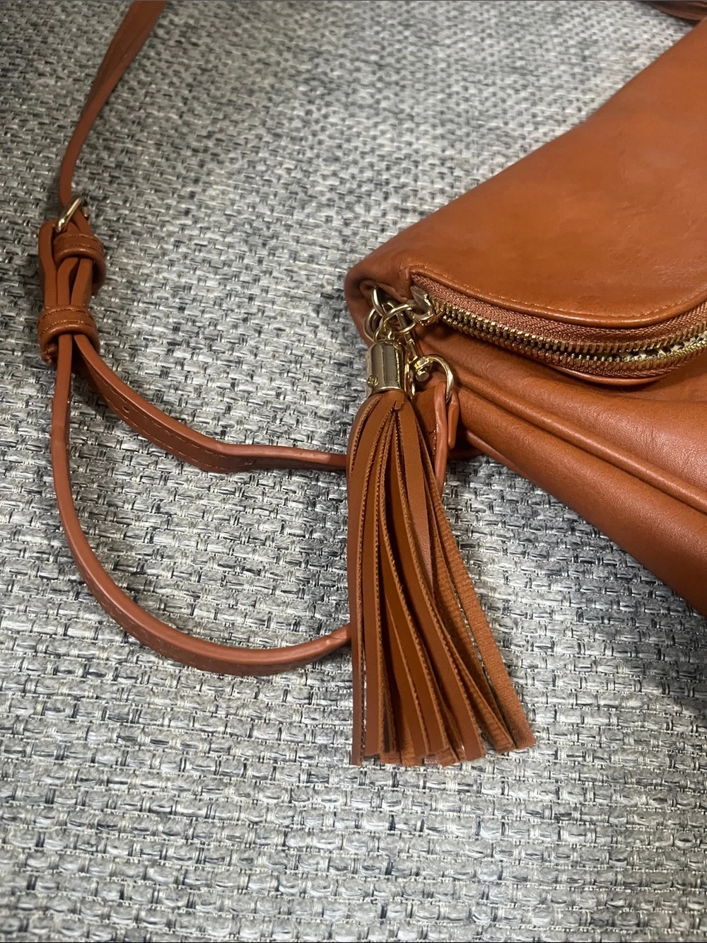 Classic Tan Leather-Style Tassel Crossbody Bag